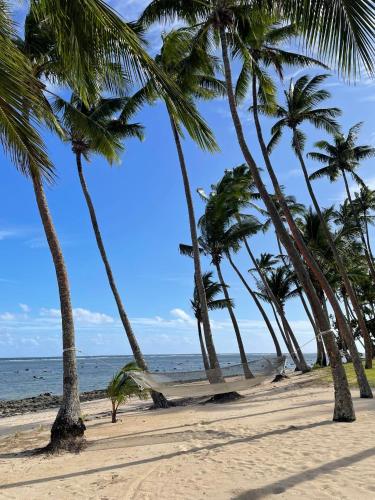 a beach with palm trees and a hammock on it at Tambua Sands Beach Resort in Korotogo