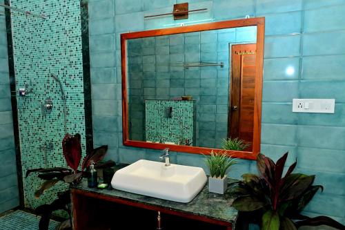 a bathroom with a sink and a mirror at Sereno Barn Eco Stay Chikmagalur in Chikmagalūr