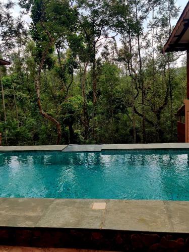 a swimming pool in front of a house at Sereno Barn Eco Stay Chikmagalur in Chikmagalūr
