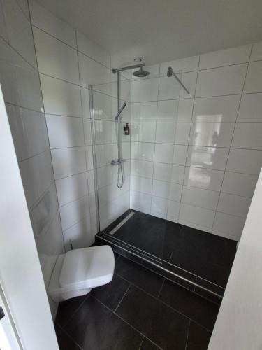 a bathroom with a shower and a toilet at Hotel am Schlosspark in Bad Bentheim