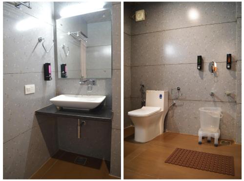 2 fotos de un baño con lavabo y aseo en Sharanam by Sheosante, en Manali