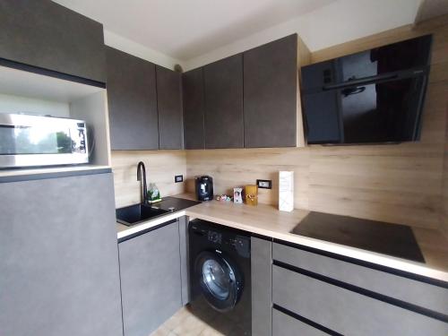 une cuisine avec un lave-linge et un micro-ondes dans l'établissement Studio entièrement rénové coté plage avec garage, à Roquebrune-Cap-Martin