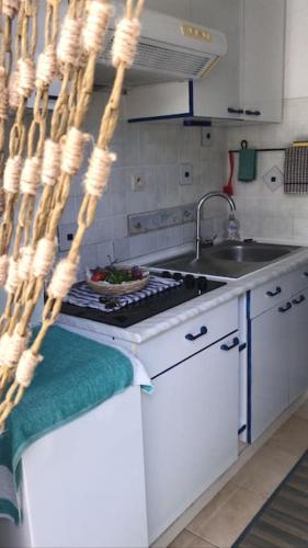 une cuisine avec un évier et une cuisinière four supérieur dans l'établissement Casa Serena avec accès direct mer, jardin et barbecue, à Poggio-Mezzana