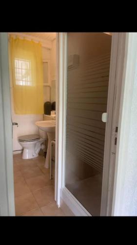 La salle de bains est pourvue de toilettes et d'une porte de douche en verre. dans l'établissement Casa Serena avec accès direct mer, jardin et barbecue, à Poggio-Mezzana