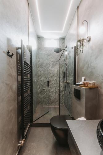 a bathroom with a shower with a toilet and a sink at Stari Toranj V studio apartman in Vukovar
