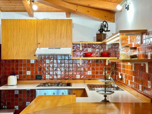 a kitchen with red tiles on the wall at The Queen of Garda in Riva del Garda