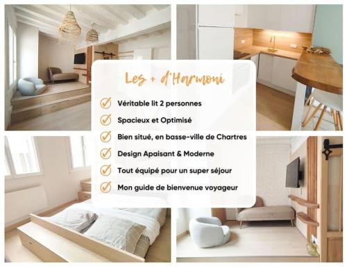 un collage de photos d'une chambre dans l'établissement Studio Harmoni - Centre ville à pied, à Chartres