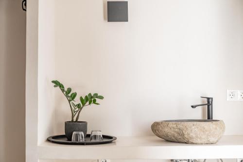 a bathroom with a sink and a plant on a counter at Rania Apartments Sea View in Mýkonos City