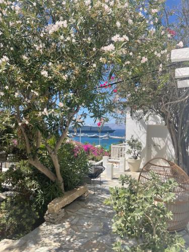 a garden with a tree and chairs and the ocean at Rania Apartments Sea View in Mýkonos City