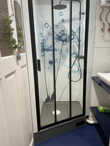 La salle de bains est pourvue d'un lavabo et d'une porte en verre. dans l'établissement Freroski 216, à Mont-Dore