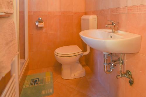 a bathroom with a toilet and a sink at Central Brežice Chalet & Parking in Brežice