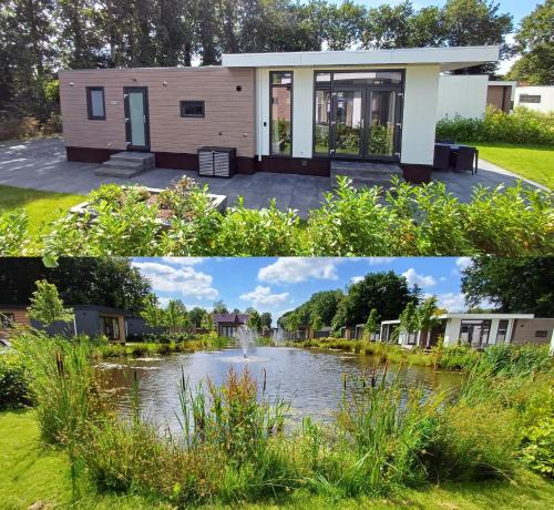 two pictures of a house and a pond at TOP Luxe chalet - kindvriendelijk - bos en heide in Harderwijk