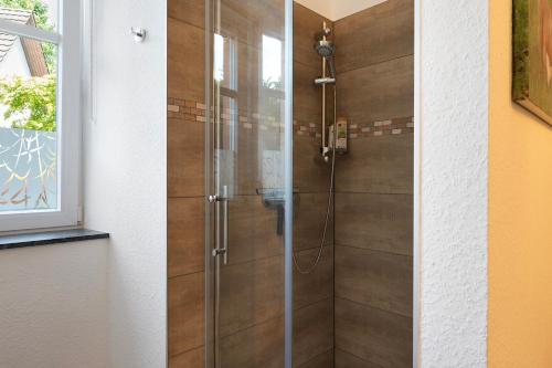 a shower with a glass door in a bathroom at Sabine Proft in Ottersweier