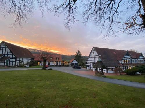 テクレンブルクにあるDRIEHOF - LandGut & Residenz Hofapartment - Apt 10の夕日を背景にした一群の家