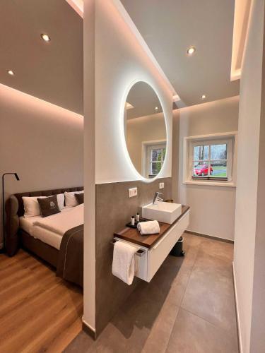 a bedroom with a bed and a sink and a mirror at DRIEHOF LifeStyle Comfort Apt 4 in Tecklenburg