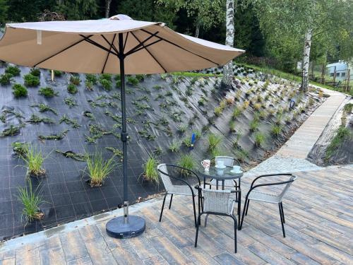 a patio with a table and chairs and an umbrella at Willa Zalesie in Krynica Zdrój