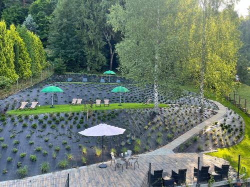 an overhead view of a garden with tables and umbrellas at Willa Zalesie in Krynica Zdrój