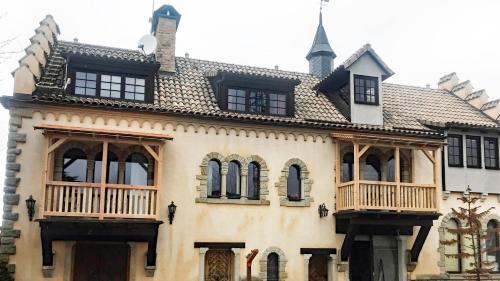a large house with windows and a roof at Ferienwohnung TURMZIMMER im Rittergut Leppersdorf bei Radeberg in Wachau