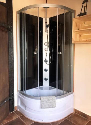 a shower in the corner of a room at Ferienwohnung TURMZIMMER im Rittergut Leppersdorf bei Radeberg in Wachau