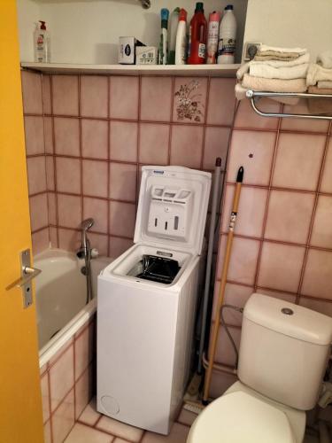 Elle comprend une petite salle de bains pourvue d'un lave-linge et de toilettes. dans l'établissement Carnon Cm, à Carnon-Plage