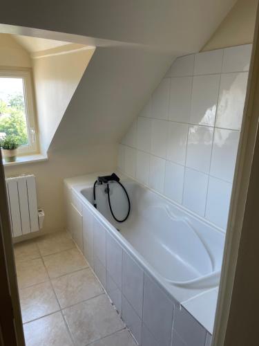 La salle de bains est pourvue d'une baignoire avec un tuyau. dans l'établissement Appartement Honfleur, à Honfleur