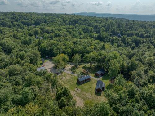 an aerial view of a house in the middle of a forest at Vermont Scandinavian Chalet-Brévent in Wolcott