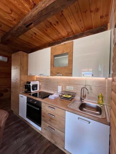 a kitchen with a sink and a microwave at Kuća za odmor Markoci in Rakovica
