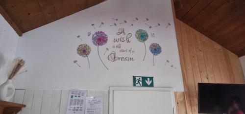 a wall with flowers and birds painted on it at La petite suisse in Malmedy