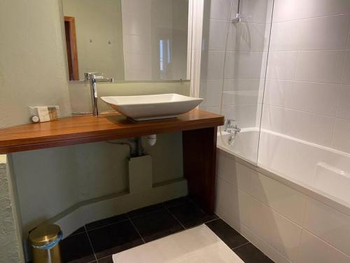 une salle de bain avec un lavabo, un miroir et une baignoire dans l'établissement Loft au coeur de Croix-Rousse - Lyon pour 2 pers, à Lyon