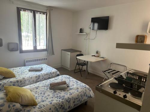 Cette chambre comprend deux lits et une table avec une cuisinière. dans l'établissement Résidence La Cigale du Désire Séjour chez l habitant, à Riez
