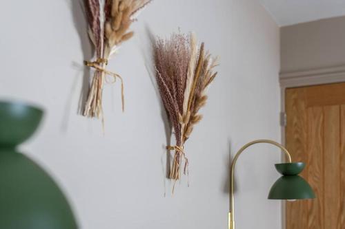 a bunch of feathers hanging on a wall next to a lamp at Cottage Cwtch in Pont-Nedd-Fechan