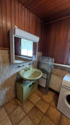 a bathroom with a sink and a mirror at WA122 - Große Monteurwohnung Übergangswohnung in Wackersdorf