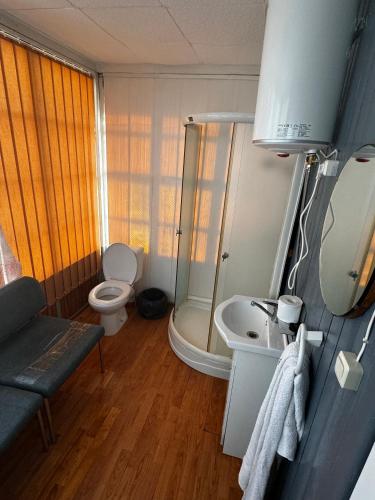 a small bathroom with a toilet and a sink at Vasaras mājiņa pie Rāznas ezera Nr 23 in Ragi