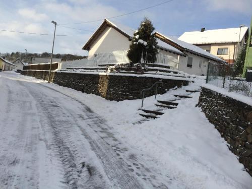 a snow covered street with a house and a driveway at Ferienwohnungen Waldsicht und Dorfsicht in Winkel