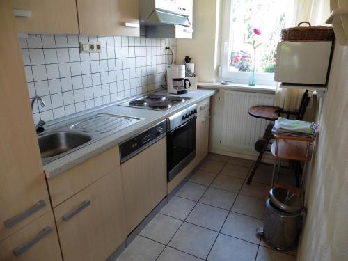 a small kitchen with a stove and a sink at Ferienwohnungen Waldsicht und Dorfsicht in Winkel