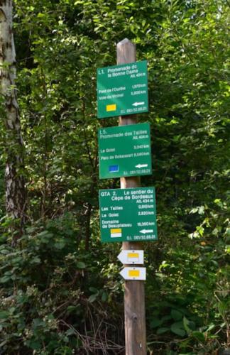 a group of green signs on a wooden pole at L'Orée du bois in Tenneville