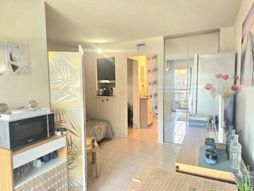 un salon avec une télévision et un salon dans l'établissement Fréjus Plage Paradis T1 cabine clim terrasse Wi-Fi, à Fréjus