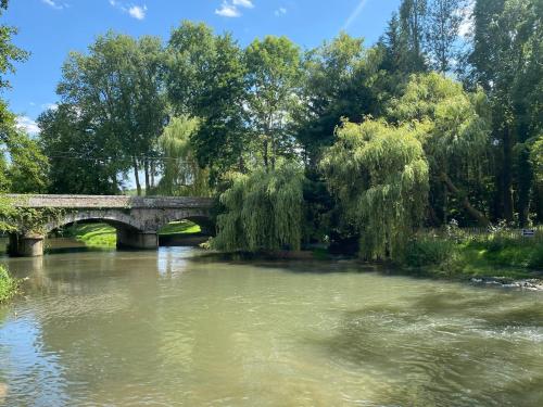 un pont sur une rivière dans un parc dans l'établissement Moulin Dorceau - 8 couchages - voir notre site, à Rémalard