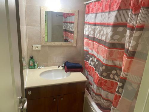 ヘルツリーヤBにあるמרינה טוורס Marina towersの洗面台とシャワーカーテン付きのバスルーム