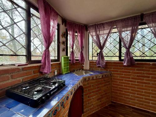 cocina con fogones, fregadero y ventanas en Finca de los Leones - Cabaña Primavera, en Pachuca de Soto