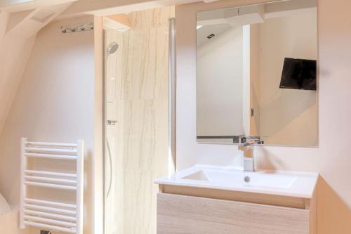 une salle de bain avec un lavabo blanc et une douche dans l'établissement Studio moderne et équipé en duplex, Villeurbanne, à Villeurbanne