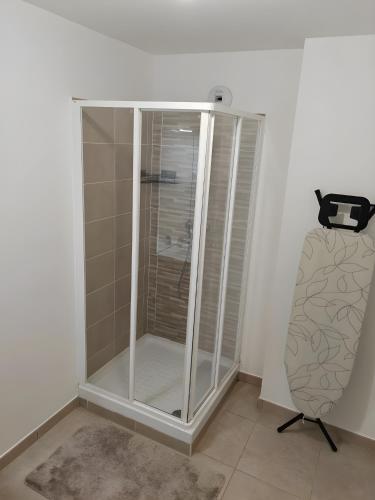 - une douche en verre dans un coin de la pièce dans l'établissement Cosy 2 pièces proche aéroport, à Villepinte