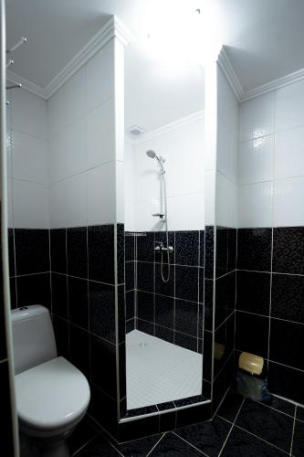 a bathroom with a toilet and a glass shower at Hotel Duet in Maydan