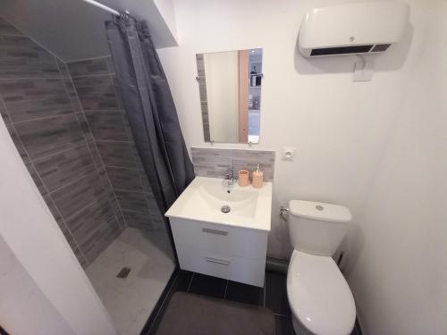 une salle de bain avec toilettes, lavabo et douche dans l'établissement studio 8, à Limoges