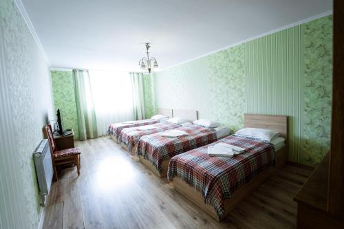 two beds in a room with green walls at Hotel Duet in Maydan