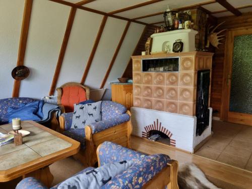 a living room with a fireplace and a table and chairs at Ferienhaus Falknerei am Rennsteig in Winterstein
