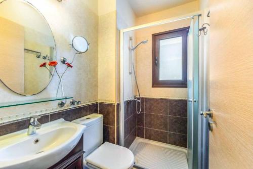 une salle de bain avec un lavabo, des toilettes et un miroir dans l'établissement Petrides Villa, à Argaka