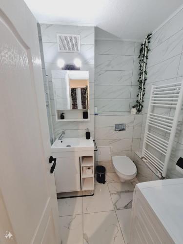 a white bathroom with a sink and a toilet at R&R studio in Cluj-Napoca
