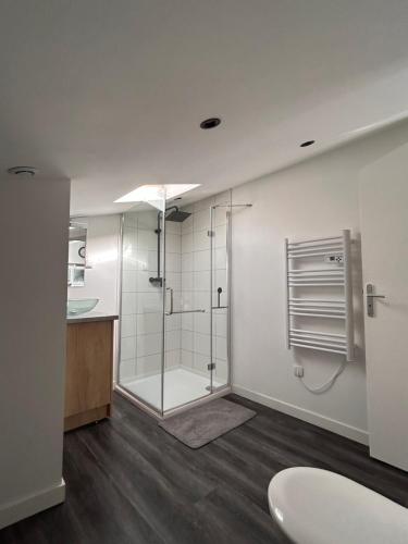 une salle de bain avec douche et lavabo dans l'établissement Horizon Balneo, à Les Préaux