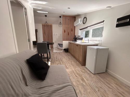 Il comprend une chambre avec un lit et une cuisine avec un évier. dans l'établissement Horizon Balneo, à Les Préaux